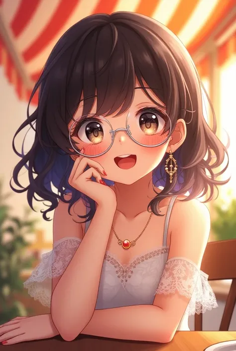 

Prompt: "A vibrant anime-style illustration of a young girl with curly dark hair, wearing round transparent glasses and elegant lace attire. She has expressive, sparkling eyes, slightly blushing cheeks, and an open mouth with a playful expression. The ba...