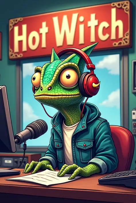 Cartoon of a chameleon wearing headphones and microphone in a radio booth with the sign of THE HOT WITCH.