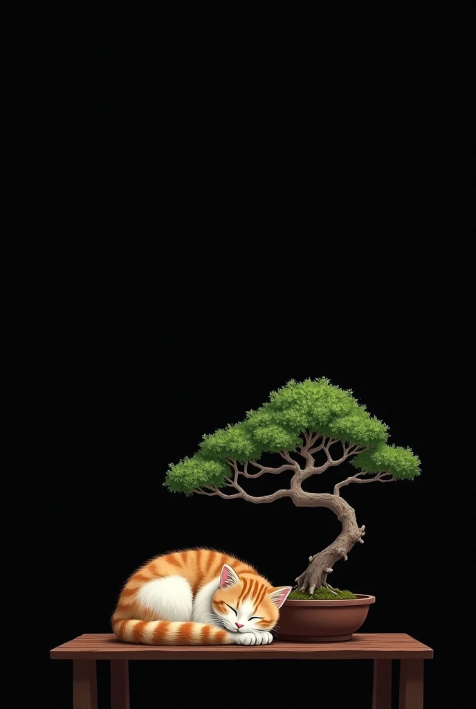 cat sleeping under bonsai black background draw style 