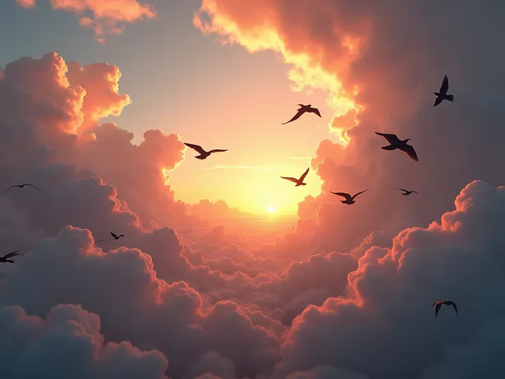 Create a scene of flying birds, moving clouds and a stunning sunrise. 16:9 aspect ratio, cinematic suspense.