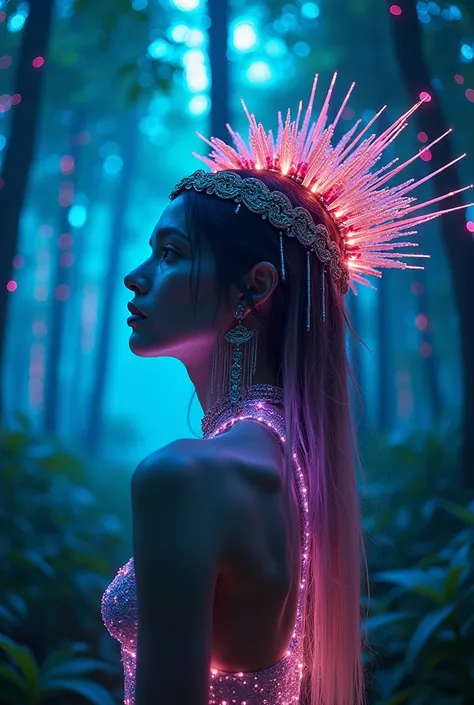 portrait | wide angle shot of eyes off to one side of frame, lucid dream-like naked woman, looking off in distance ::8 style | daydreampunk with glowing skin and eyes, styled in headdress, beautiful, she is dripping in neon lights, very colorful blue, gree...