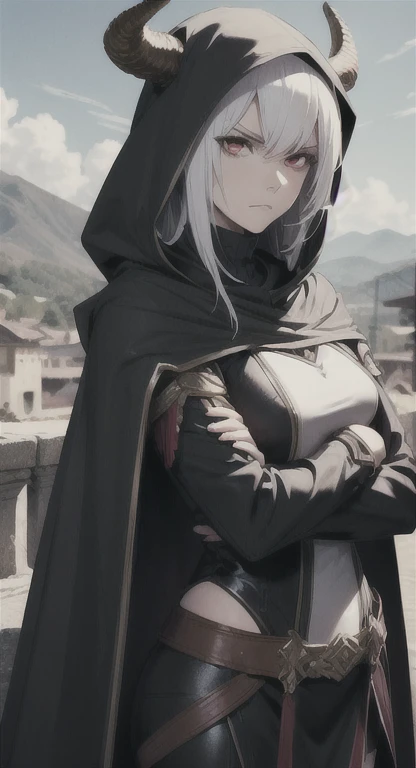 Young and sophisticated unholy goddess, horns, wings, halo, white hair, red eyes, Cetacia,  scared veil, leather armor, hooded cape, model, green, warm mountain village, looking annoyed, crossed arms pose,