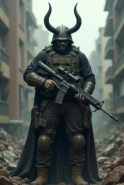 The devil in the guise of an athletic man dressed in the combat uniform of the Russian army bulletproof vest unloading helmet machine gun in the background destroyed buildings