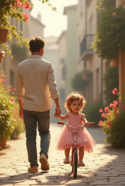 "A baby girl in a pink dress sitting on a decorated miniature bike, as her father pushes her along a cobblestone street lined with flowers."
