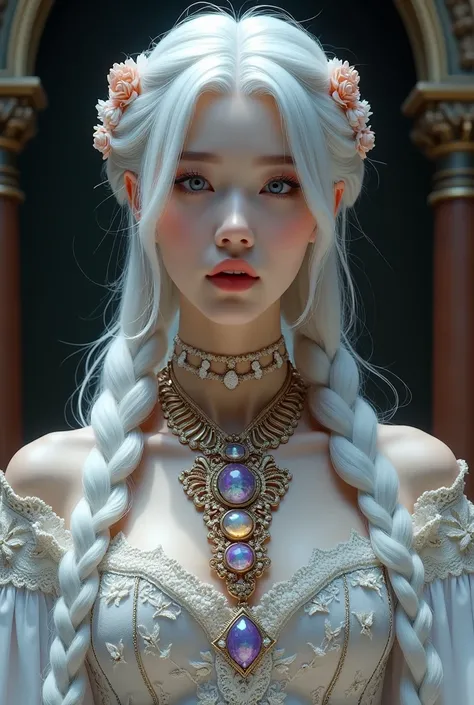 A majestic and regal Korean woman, framed within a gothic arch that reinforces her almost divine character. Her luminous, flawless skin seems to emanate its own light, with a finish reminiscent of polished marble. The cool tones of her complexion contrast ...