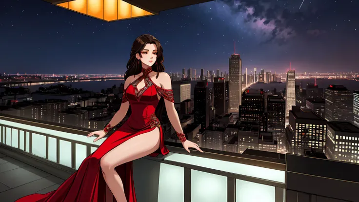 "A serene woman sitting on the rooftop terrace of a modern skyscraper, wearing an elegant flowing red evening gown with a high slit. Behind her, the city skyline glows brightly under a star-filled night sky, with soft lantern light illuminating her figure....