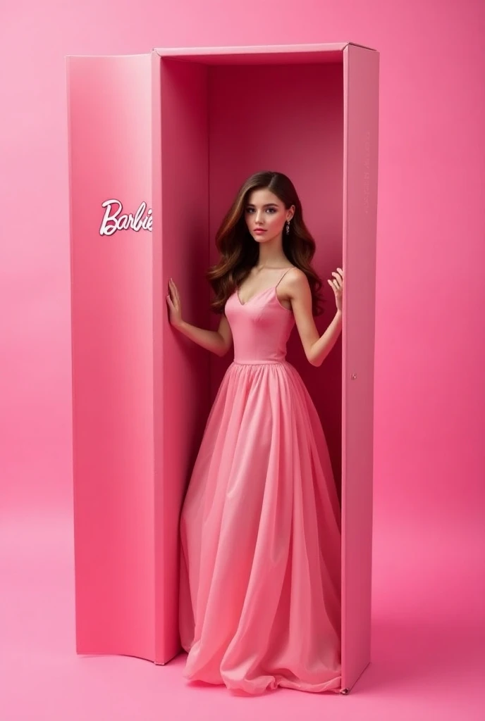 A photo of a 20-year-old Moldovan-Romanian woman having light brown long waivy hair while model posing inside a pink Barbie Carton Box for Dolls with a Barbie logo on the box as a woman wearing a long pink dress model posing full body next to a pink Barbie...