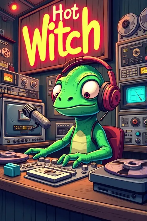 Cartoon of a funny chameleon with headphones and microphone in a radio booth where there are many tapes and consoles and has the sign of THE HOT WITCH