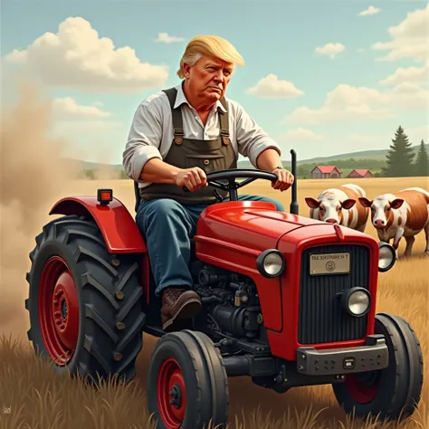 Make a pic of donald Trump driving a tractor on feilds with wearing a farmer cloths , the details are cleared enough, with good  expression on Donald Trumps face 
The tools of farming is clearly visible in image with beautiful background of cows and pigs i...