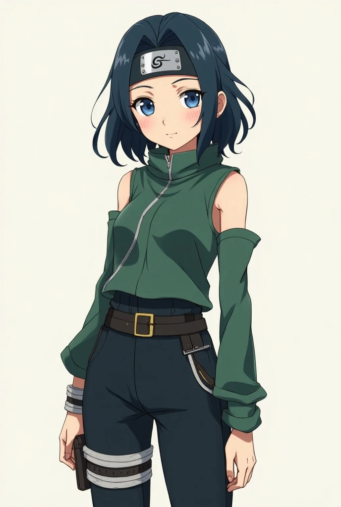 20-year-old anime girl with blue-black eyes of the same color , wearing a Konoha ninja costume from Naruto green and black ,  full-body anime style with the konoha band on the forehead 