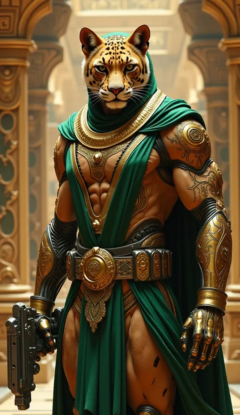  Imagine an anthropomorphic jaguar futuristic warrior ,  that mixes priest elements and advanced technology.  His left half is cybernetic ,  with a golden armor that covers his arm and part of his torso ,  while the right half has a muscular arm with some ...