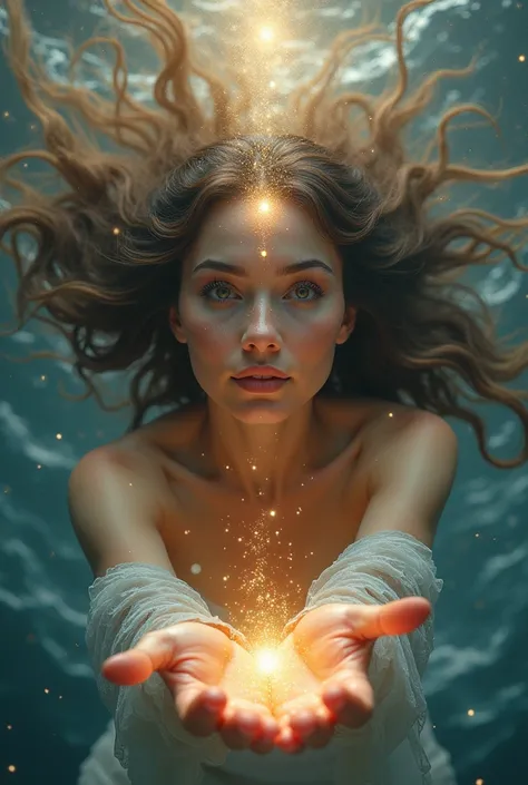 woman, detailed face, detailed eyes, detailed hands, Diving Into The Ether Flowing with The Eternal Soul Through Vibration of love, everything is connected, Flowing energy, Spiritual, Divine, Dreamlike, cosmic, concept-art, mind blowing, Feminine beauty, G...