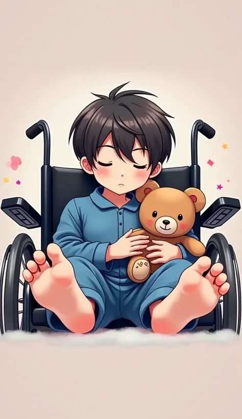 Boy in wheelchair in blue pajamas with scorching stars teddy bear showing feet anime