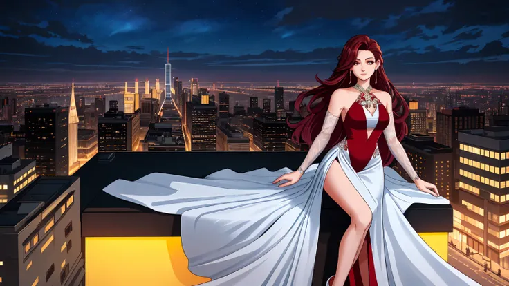 "A serene woman sitting on the rooftop terrace of a modern skyscraper, wearing an elegant flowing red evening gown with a high slit. Behind her, the city skyline glows brightly under a star-filled night sky, with soft lantern light illuminating her figure....