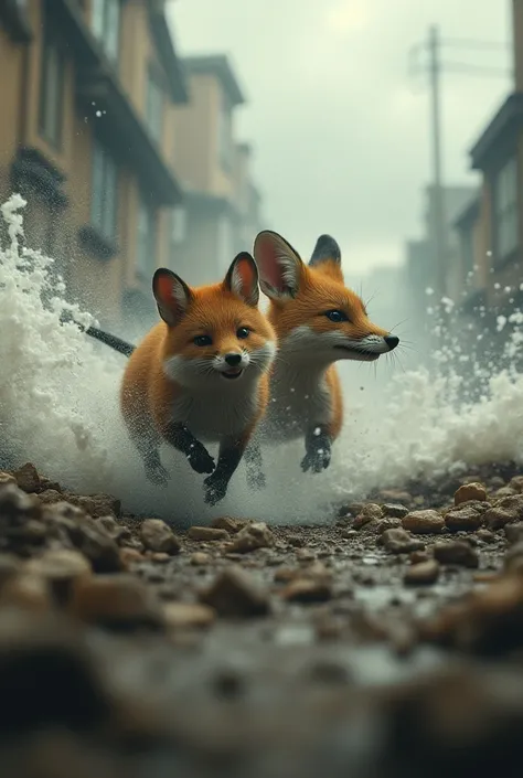 A mouse and a fox swept away by a furious realistic image 