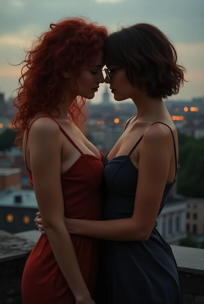 I want realistic masterpiece photography of two russian lesbian girls weared to windy sundress and looking at each other with love and stands on the roof, in background panorame of night Sankt-Petersburg, one with realistic natural large C-size breast and ...