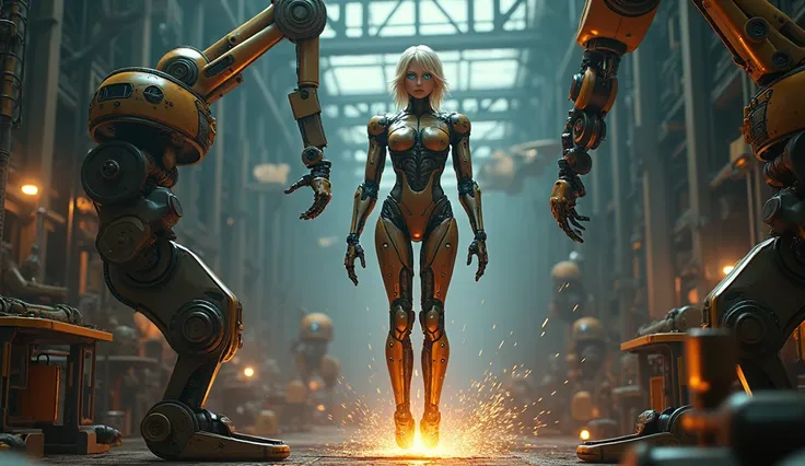  The trunk of a cyborg woman , blonde with blue eyes, mechanical body suspended in the air ,  being assembled by a robot workshop machine,  welding the womans mechanical arms , realistic and detailed, sparks and flames of fire and embers , Workshop buildin...