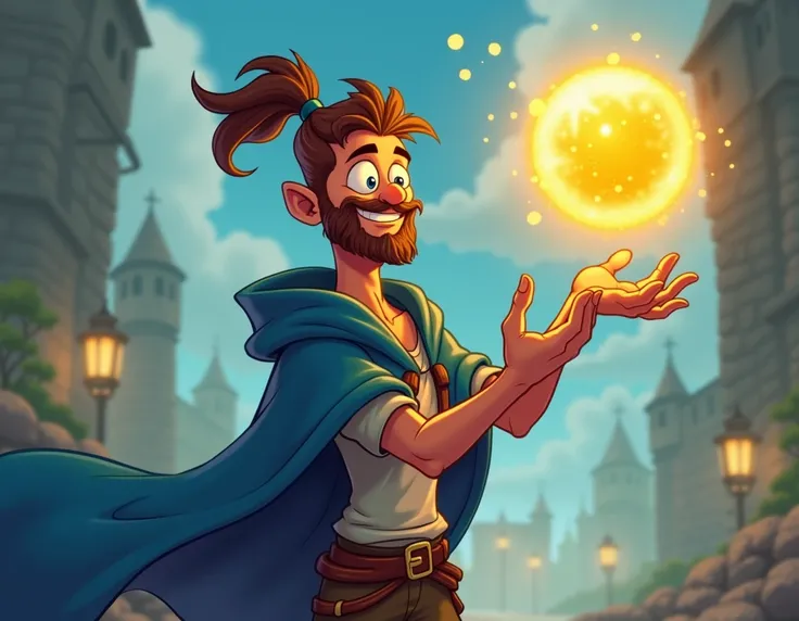 funny man, comic, adventurous, realistic, with hair tied in a ponytail on the top of his head and wearing a blue cloak .  He has one of his hands raised at the height of his face and above him is floating a golden sphere with a magical glow all around