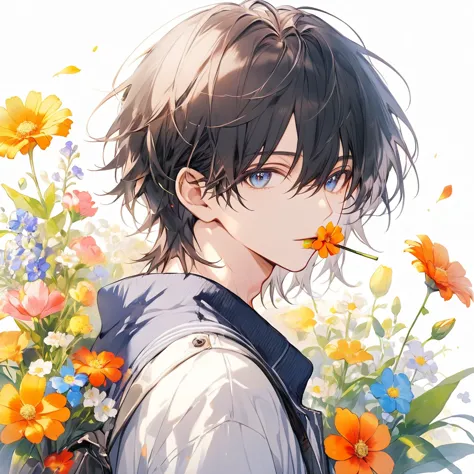 male, man, very short hair, flower in mouth, casual clothes, charming and cute, looking at the viewer, front, colorful, long hai...