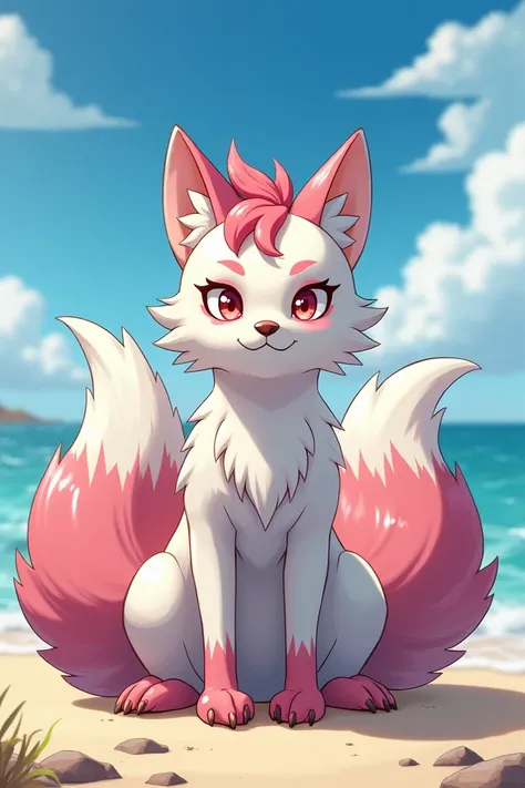 A vilager man with furry, female, feral, ((feral)), adult,  fox, white body fur, pink hair,detailed body fur, detailed body, detailed face, detailed eyes, glistering body, shiny body,  multiple tails, multi tail, solo, body fur, (best quality), clear sky, ...