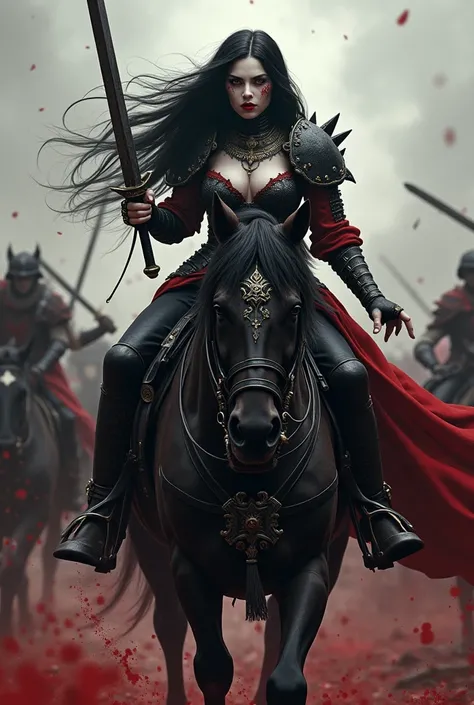 White skinned white woman with long black hair red eyes many tattoos with dark makeup and very beautiful gothic red lipstick wearing black and red war armor riding a black horse holding a sword advancing on enemy warriors on a war field in the midst of a b...