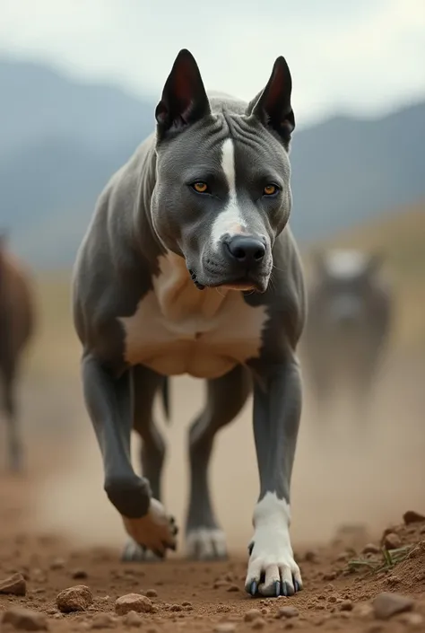 Cross between a pitbull dog and a gray Australian cattle dog