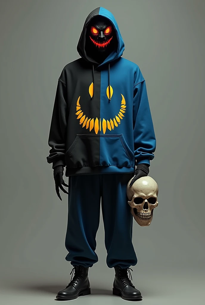 Black mask with a red smile, half black sweatshirt with a yellow smile and half blue with With an orange smile, gloves with claws, pants and shoes that look the same as the blouse, and a skull-shaped grace, the man A scary 
