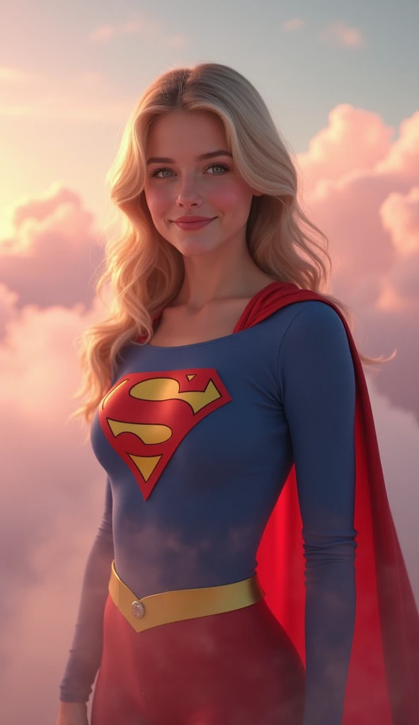 Portrait of Teenage supergirl, wholesome, looks like the girl next door, very fit, muscular, trim,  SUPERGIRL WEARING THE ORIGNAL SUPERGIRL COSTUME FROM 1950. 8k, high definition, visible cleavage, smiling, happy, hyper realistic, she is styled like she is...