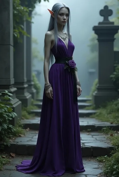 dark fantasy style, masterpiece, a full body portrait of a young female elf with grey skin in a violet long dress under a black corsage, black high heels, long black silver straight middle-parted hair, silver bracelets, she is standing on a stoneway on a m...