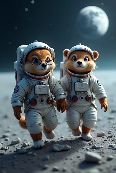 2 blaireaux astronautes qui vont en direction de la lune. There is a male with glasses and a female with slightly wavy brown hair 