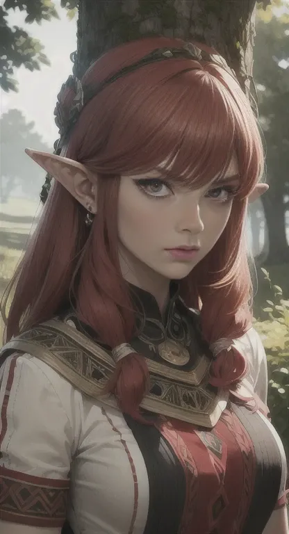 Extremely realistic shading, masterpiece, extremely detailed, photorealistic, red hair, red eyes, Tan skin, Supreme arcane, Hylia, Sheikah everywhere, Hylia covered in tribal garb, Yggdrasil tribe, glaring at a viewer annoyed, pointed ears, tree Hut in bac...