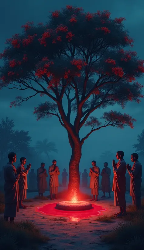 One tree Red flowers, one red coloured stone  with red liquid 
Some Indian Villagers old people and young men doing namaskar night 