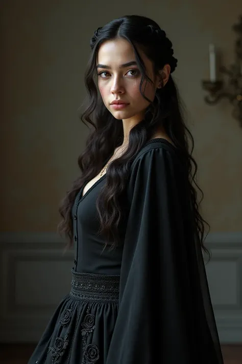  Viserra Targaryen being played by the actress , Young Valentina Zenere ,  wearing a black dress from the Vincentian era with black roses embroidered on the skirt.  The expression on her face is one of sadness  " book Fire and Blood "