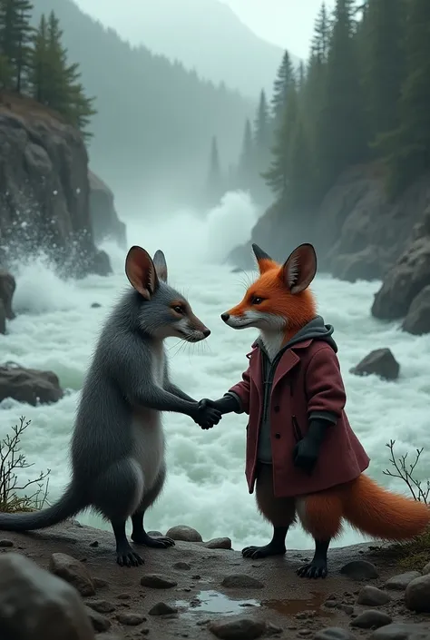 A gray rat , A fox, Shaking hands ,  watching a raging river realistic image 