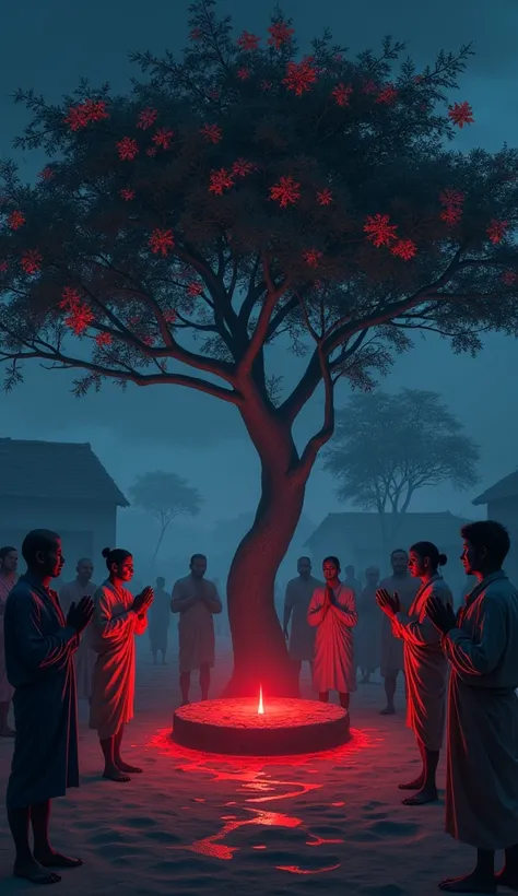 One tree Red flowers, one red coloured stone  with red liquid 
Some Indian Villagers old people and young men doing namaskar night 