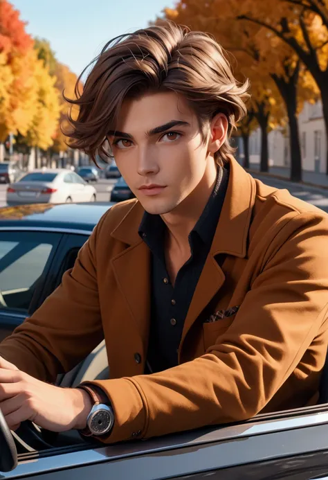  European-looking guy , 4K, surprise,  was shot by a professional photographer, behind the wheel, street style ,  near the car , hair brown,  combed on his side , autumn 