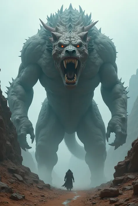 Create a 9:16 photorealistic image of an angry giant hybrid creature combining the elements of the previous 2 animals