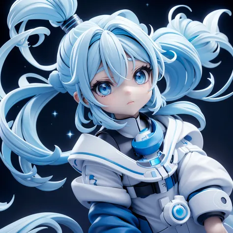 Future Girl,  white skin, Blue colored eyes, space,   blue hair,   high knot ponytail, Dark Skin, 未来的なspace