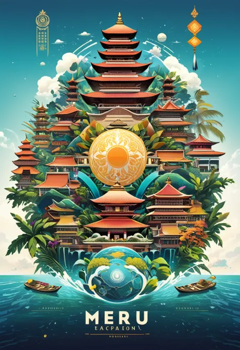 a futuristic logo containing 7 overlapping Balinese Meru buildings plus elements related to education and investment