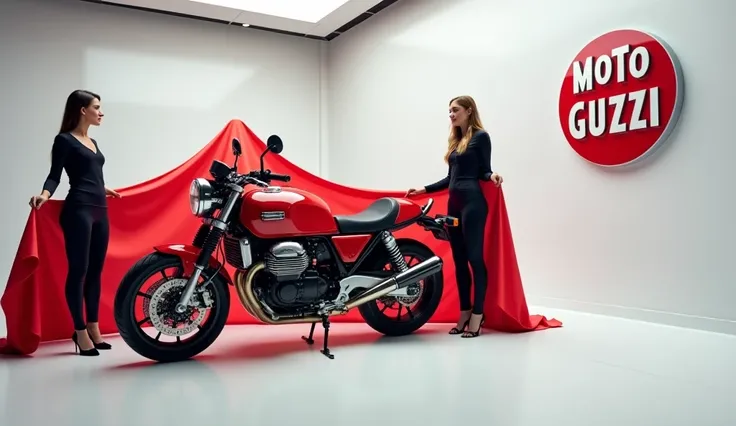 RedMoto Guzzi XBR 940 Varenna 2025 is parked in luxury white showroom , all focus on (Moto Guzzi XBR 940 Varenna 2025), large prominent & orignal logo on back wall, two womans are unvieling by red cover
