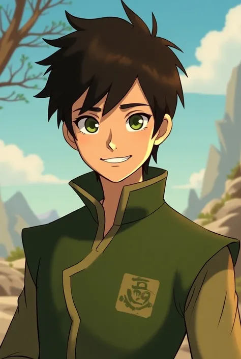 In Avatar: Legend of Korra style. A Young men earthbender and metalbender with Green eyes and dark brown hair, smiling, White skin