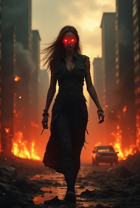 Woman with red eyes walking in a city on fire 