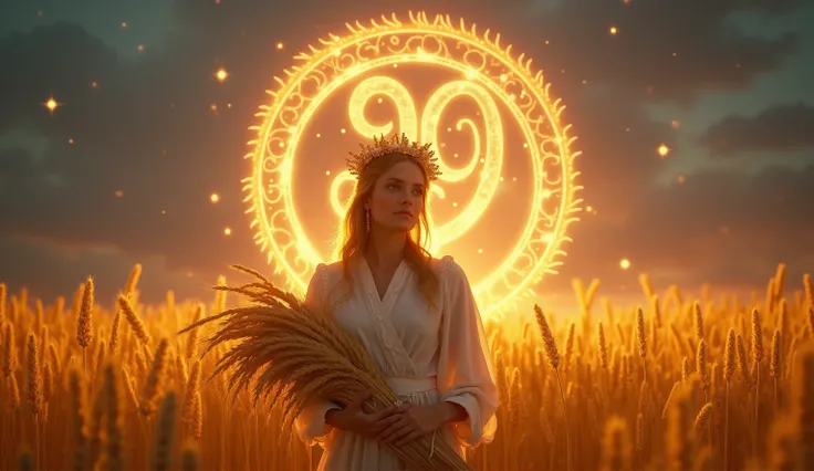 Main Scene Description
A majestic woman stands on the edge of a golden field of wheat under a twilight sky. Her crown of flowers glimmers faintly, and she holds an overflowing bundle of wheat tied with silver thread. Behind her, a giant glowing Virgo symbo...