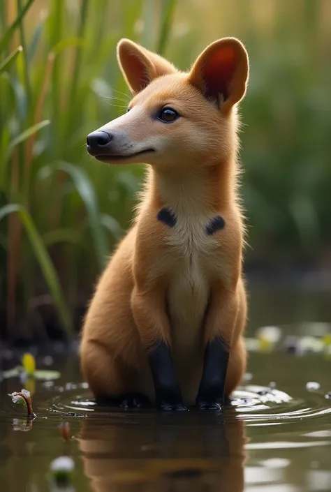 The body could have the slender,  muscular form of a dingo have ,  but with a slightly rounder and softer silhouette ,  which is reminiscent of the platypus .  The animal would have short ,  thick fur in various shades of brown , similar to a dingo ,  but ...