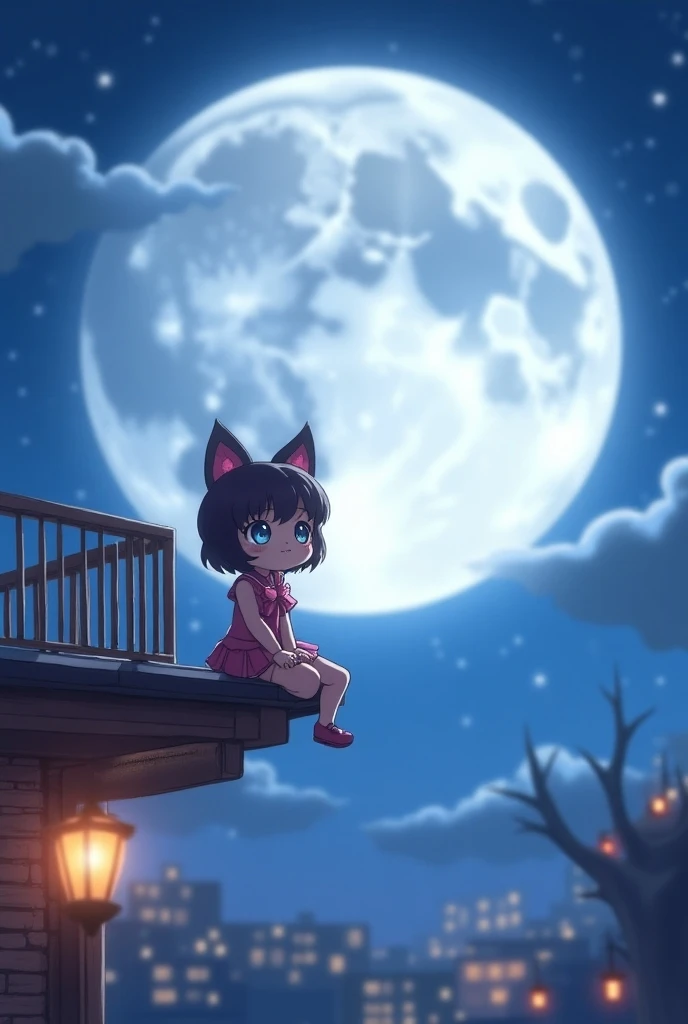 Kawaii cute nightcore sailor moon with friendly eyes and bat ears sitting on the terrace in the background a beautiful silver moon.