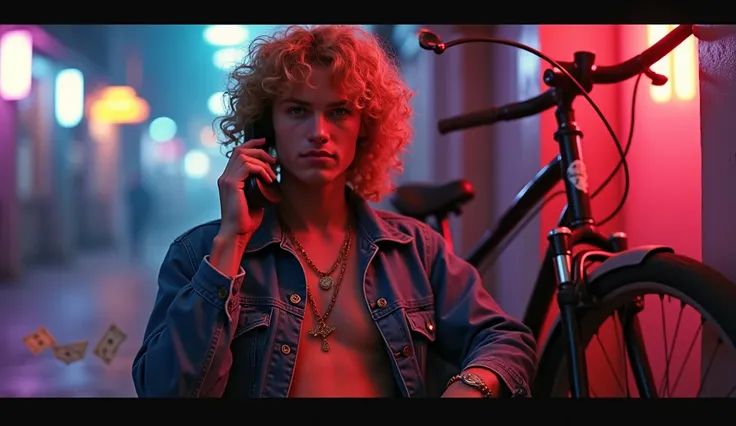 blond curly guy white FAT CHEEKS WITHOUT BEARD in the background bike dressed money talks on the phone Motorolla night Petersburg against the background of the 80s dark film effect film vhs action vice city movie panavison