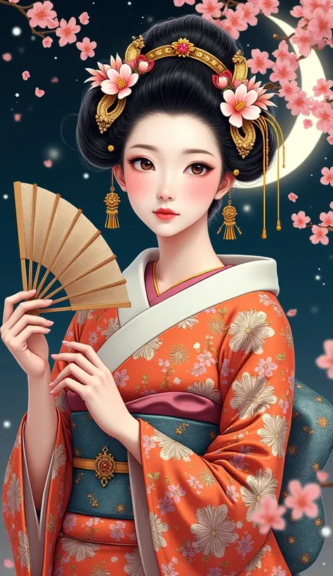 A highly detailed illustration of a graceful Japanese courtesan (oiran) dressed in an elaborate, traditional kimono featuring intricate floral patterns and vivid colors. She is holding an ornate folding fan in one hand while striking a poised and elegant p...