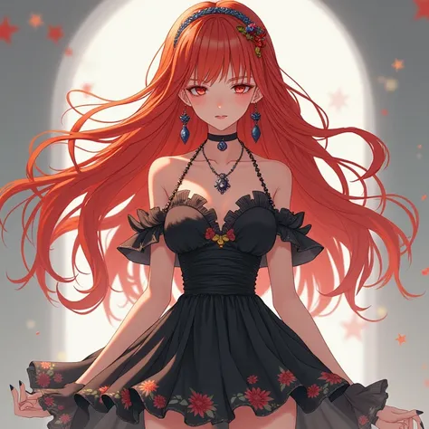 Anime girl with Lazio hair and headband wearing short black dress with flowers and elegant necklaces and earrings by studio gibli