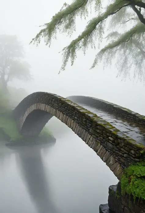 Simple Ancient bridge in dense fog, Simple construction of ancient medieval stone  bridge in scotland