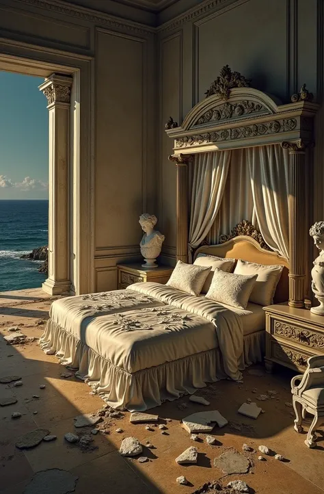 bedroom inspired in roman architecture, b ig bed with white sheets, ruined travertine floor, destroyed white sculpture all over, view facing the sea